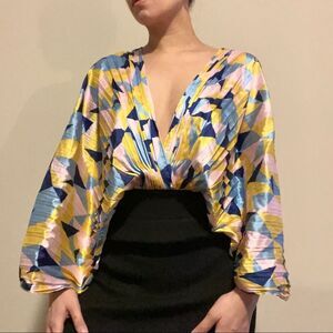 Fashion Nova Multicolor Pleated Satin Kimono Plunging Neckline Garter waist Top